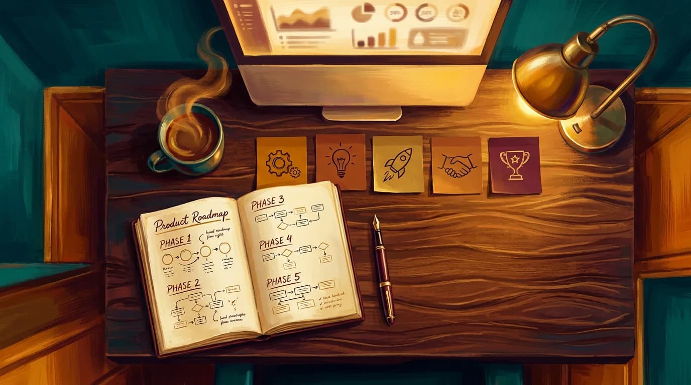 Top-down desk: open notebook with product roadmap and five sticky cards — one per programme step