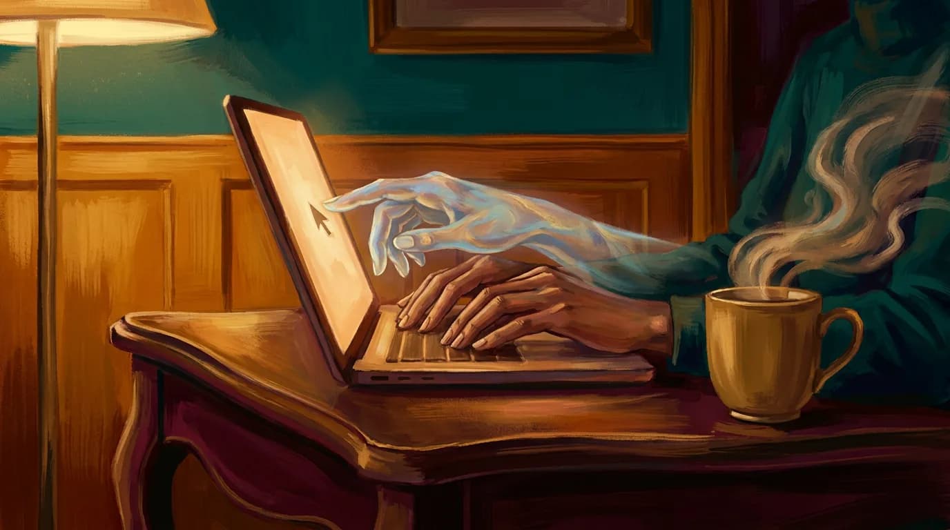 Two pairs of hands on one laptop: yours and the AI helper's translucent hands beside them