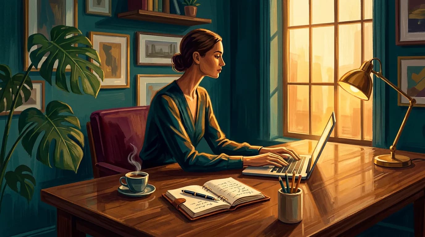 Vibe coder at a desk in golden window light — one person, an idea and AI